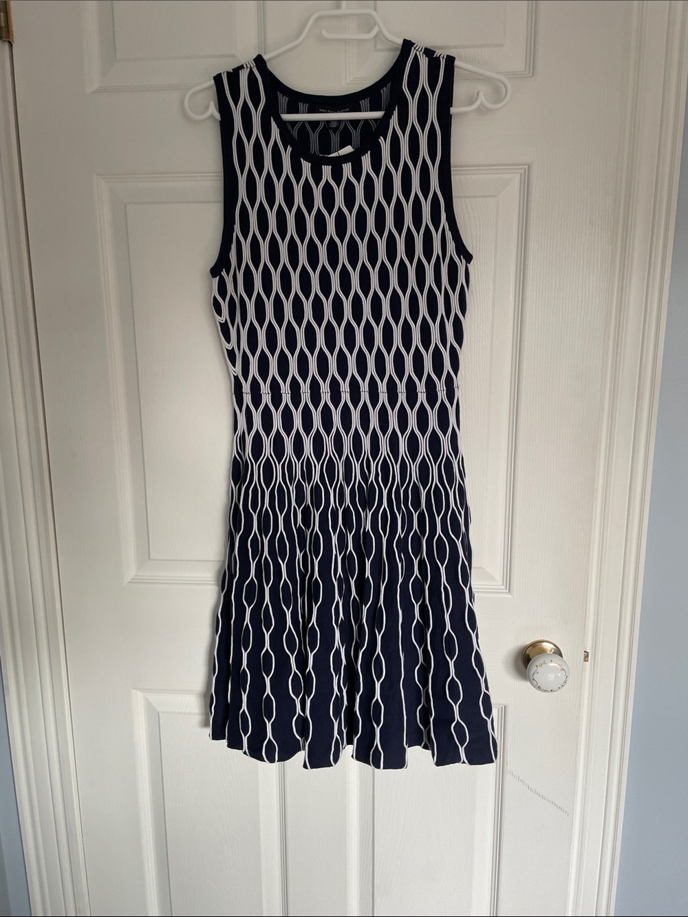Saks Fifth Avenue Navy & White Sleeveless Geometric Fit-and-Flare Dress